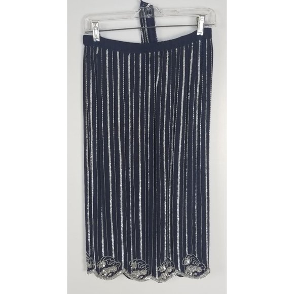 Vintage Judith Ann Creations Sz. S Sequin & Silk 3 Piece Navy & Silver Skirt Set - Picture 9 of 10